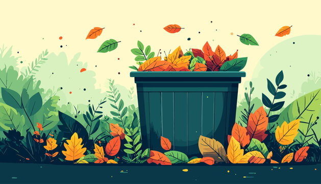Autumn garden scene with a overflowing bin surrounded by fallen leaves and lush foliage, symbolizing the end of fall and nature's cycle