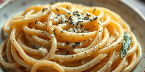 A close-up of classic cacio e pepe, showing its creamy, peppery sauce coating al dente pasta, a timeless Italian comfort dish,  bowl,  creamy sauce