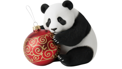 Cute Panda Bear Figurine with Red Christmas Ornament Decoration isolated PNG with Transparent Background