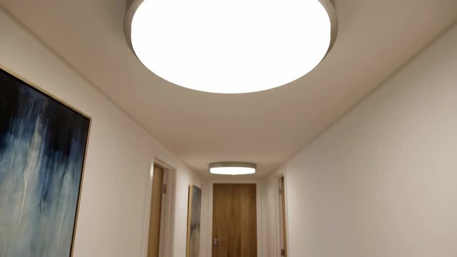 Modern Hallway Lighting Fixture - A flush mount ceiling light fixture illuminates a modern hallway with artwork on the wall. The hallway leads to wooden doors at the end.