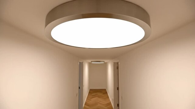 Modern Interior Hallway Lighting - A straight hallway features two round ceiling lights and herringbone wood flooring. The white walls and doors add to the clean, modern aesthetic.