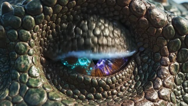 Close-up of reptilian eye, glowing with intricate teal, purple, & gold energy within a scale-covered surface
