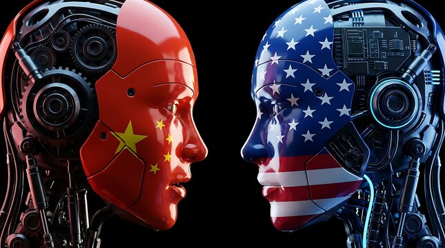 Two robotic heads featuring flags of China and United States symbolize technological competition in artificial intelligence against a dark and dramatic background