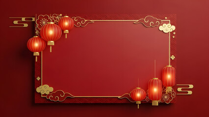 Chinese red lanterns with gold decorations on festive red background for Chinese New Year.