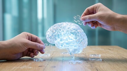 Two people placing puzzle pieces into a glowing brain model on a wooden table, symbolizing memory, intelligence, and cognitive development in a modern office setting