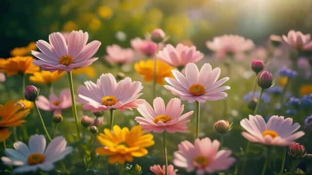Cinematic spring video of colorful flowers blooming in slow motion, fresh pastel colors with natural sunlight, gentle wind moving petals softly