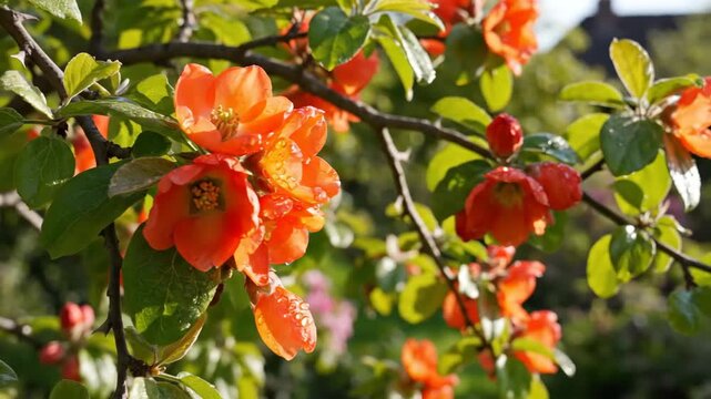 Close-up of vibrant orange blossoms with water droplets on branches and leaves, blurred background