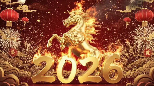 Golden Horse 2026 Year Design - This video showcases a golden rearing horse statue against a fiery background with floating lanterns and clouds.