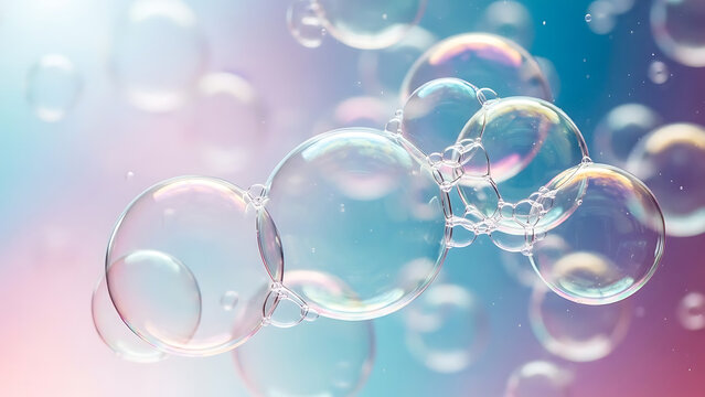 Transparent soap bubbles floating in pastel colored background showing pastel colors blue pink - Powered by Adobe