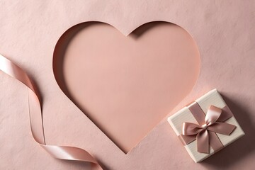 Soft pink romantic background with heart-shaped cutout, satin ribbon and elegant gift box. Large copy space makes it ideal for banners, Valentine&rsquo;s Day designs, love campaigns and premium branding.