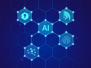 AI Hexagon Network Vector Background. Futuristic data structure connecting artificial intelligence, machine learning, and cyber security concepts. Perfect for technology and digital business solutions