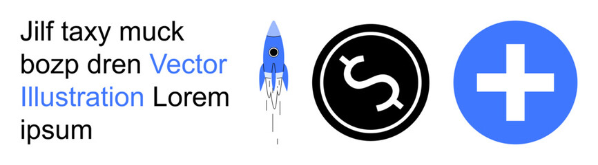 Obraz premium Innovation, finance, health care, business strategy, technology, futuristic design. Rocket launching, dollar sign in black circle and blue medical cross. Innovation and finance concept