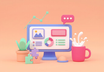 Vibrant 3D Render of Digital Business Dashboard, Data Analysis, and Creative Collaboration.