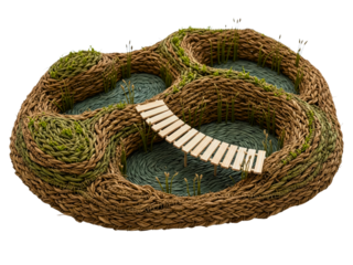 Handmade woven rope miniature landscape craft with wooden bridge on a transparent background