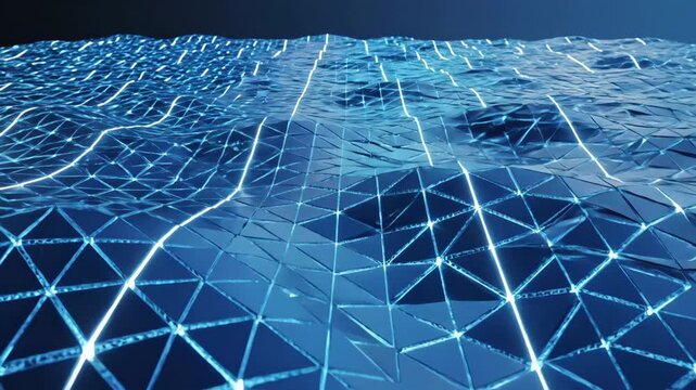 Abstract Blue Grid Landscape - This video features a futuristic landscape with a low-poly, triangular grid structure that creates a wavy, ocean-like appearance.
