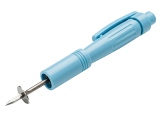 Blue plastic medical blood lancet device with exposed steel needle on a transparent background