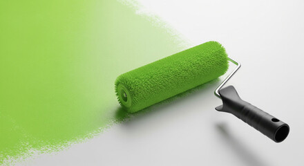 Vibrant green paint roller applying fresh color to a clean white surface
