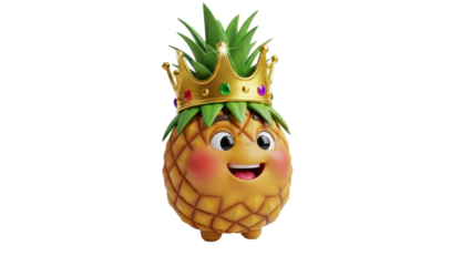 Cute 3D Rendered Cartoon Pineapple Character Wearing a Jeweled Golden Crown isolated PNG with Transparent Background