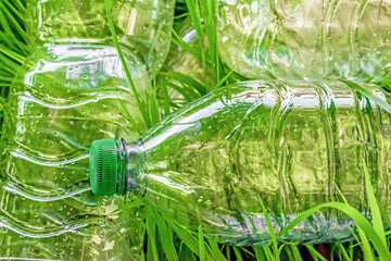 Discarded plastic bottles lying in green grass, highlighting environmental pollution, plastic waste problem, recycling concept, and the impact of single-use plastics on nature.