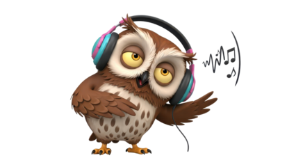 Cute cartoon Brown Owl Character Enjoying Music and Singing with Headphones, 3D Illustration isolated PNG with Transparent Background