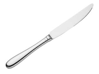 Stainless steel dinner table knife with serrated cutting edge on a transparent background