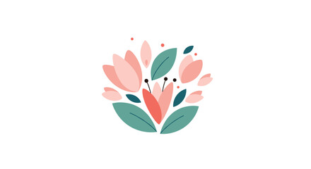 Fototapeta premium Delicate pastel floral illustration featuring pink petals and green leaves arranged in a harmonious circular bouquet for feminine design and spring themes.
