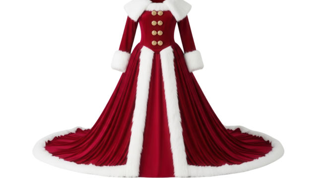 Luxurious Red Velvet and White Fur Trim Christmas Queen Gown Product Shot isolated PNG with Transparent Background - Powered by Adobe