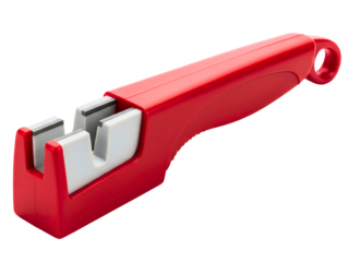Red handheld manual kitchen knife sharpener tool with plastic grip on a transparent background