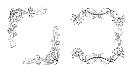 Graceful grayscale floral borders with curling vines leaves and petals form elegant corner frames and a central panel for sophisticated layout designs.