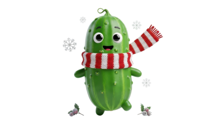 Adorable 3D cartoon cucumber character wearing a red striped winter scarf and snowflakes isolated PNG with Transparent Background