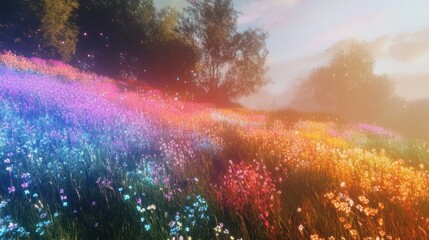 Spring meadows where the grass blades are iridescent, changing color with the light, alien spring