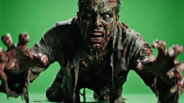 Crawling Zombie on Green Screen - A creepy zombie with pale eyes and blood drooling from its mouth crawls towards the viewer on a green screen.