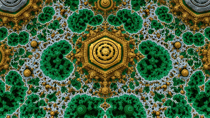 Intricate green and gold fractal pattern with central octagonal design and symmetry geometry abstract