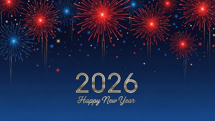 Vibrant fireworks explode in night sky with 2026 happy new year celebration text in gold