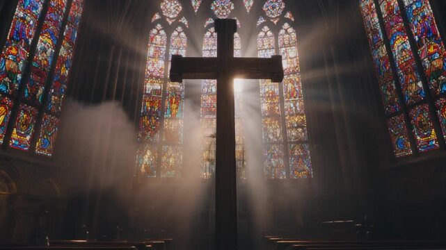 Stunning wooden cross silhouetted against vibrant stained glass windows with dramatic divine light rays