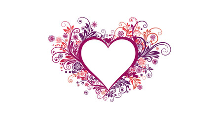 Vibrant decorative heart formed by flowing floral swirls and ornate curls in purple pink and orange hues celebrating love and artistic design.