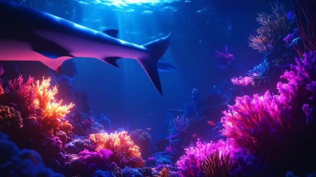 Majestic Shark Swimming Through Colorful Coral Reefs Underwater.