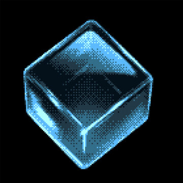 Transparent glossy crystal cube with light glare effect pixel art vector icon, retro 8 bit video game 3D blue glass cube