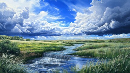 Ephemeral waterfall after a heavy rain, coursing through a usually dry ravine, fresh vegetation, dramatic clouds