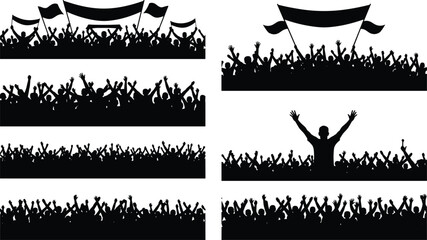 Cheering crowd silhouette collection, people waving flags celebrating victory, protest rally concert audience unity, festival event background illustration set
