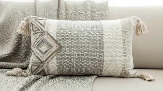 Beautiful beige and white woven throw pillow with tassels on a couch