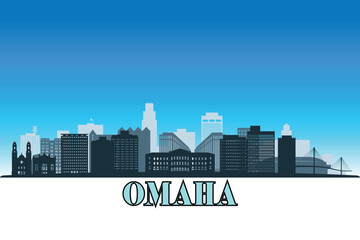 Naklejka premium Global city Omaha shown in a detailed vector skyline with a bright blue sky 
