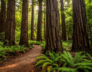 A sunlit, earthy trail winds through tall, mature redwood trees