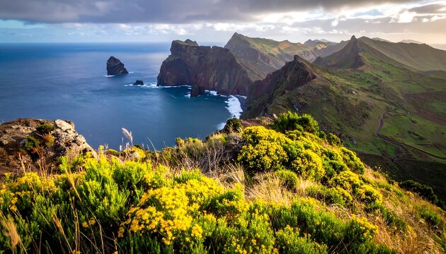 A vibrant coastal landscape features rugged cliffs, the deep blue sea, and lush green and yellow vegetation. Sunlight highlights the rocky terrain - Powered by Adobe
