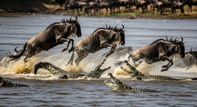 Dramatic wildlife encounter: Wildebeest leap amidst crocodile ambush during river crossing challenge