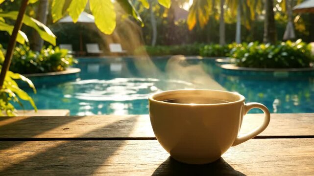 Coffee by pool with luxury resort, and morning sun.