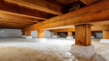 Interior view shows wooden support beams and foundation structure beneath a building floor