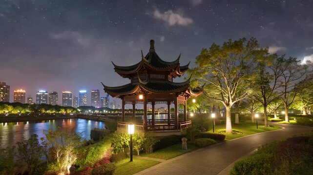 Night view of Chinese pavilion and city scenery