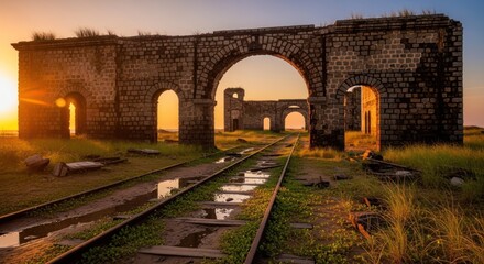 Majestic ruins of a bygone era railroad, standing against the golden light of the setting sun