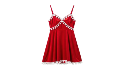 Festive Red Velvet Chemise Nightgown with White Pom Pom Tassel Trim isolated PNG with Transparent Background